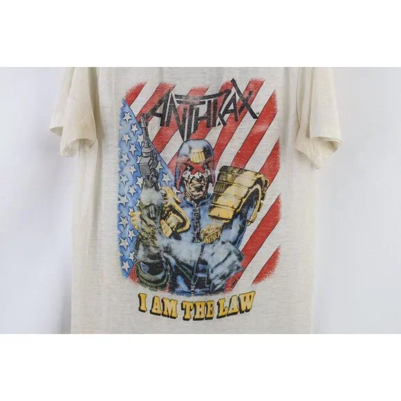Vintage 80s SThrashed Thin Anthrax Among the Living I Am the Law Band T-Shirt